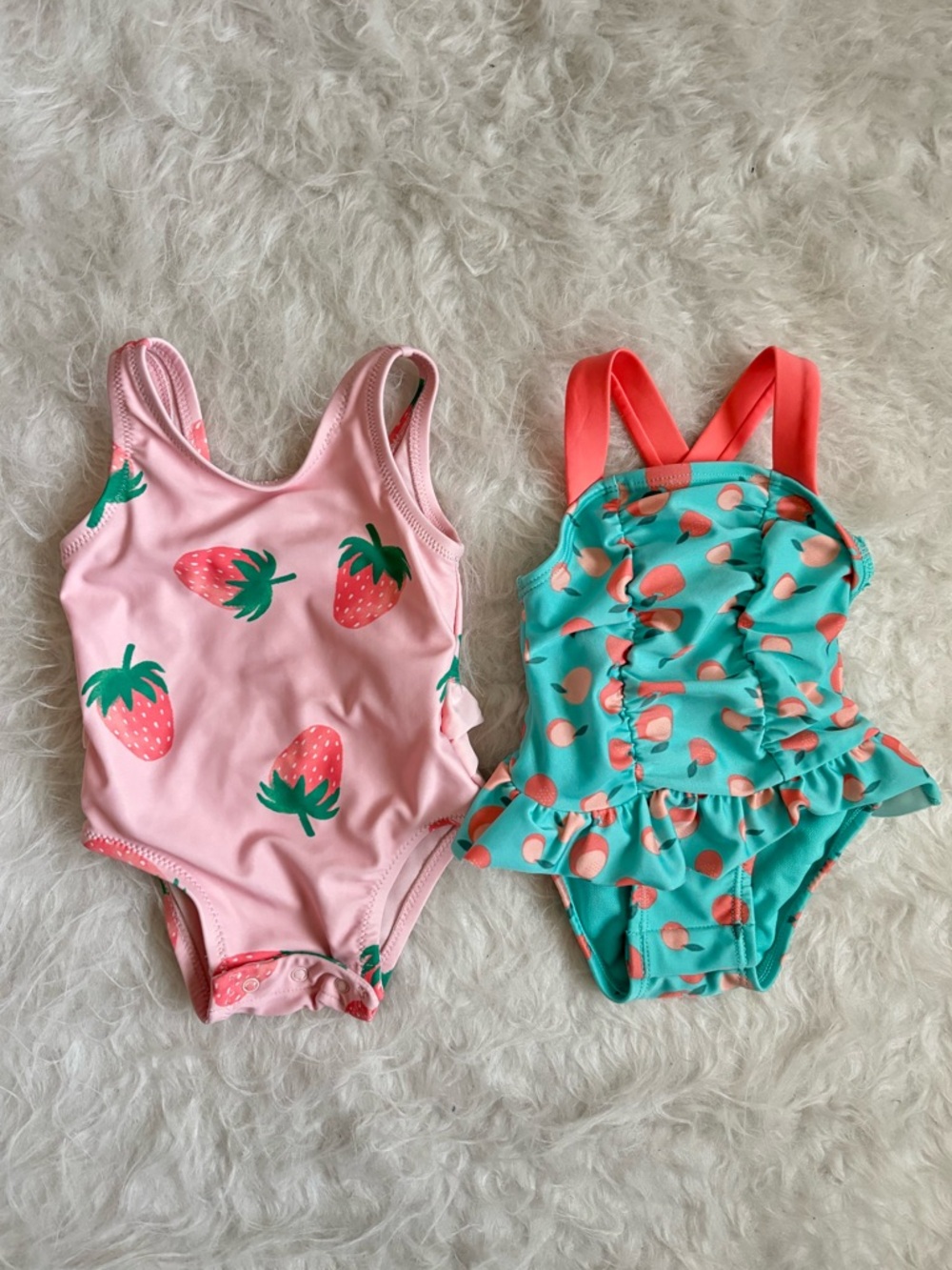 Set of 2 Baby Girl Frilly One Piece Swimsuits with Strawberries & Peaches